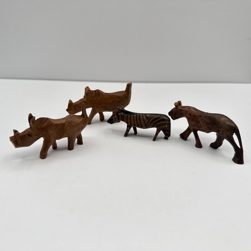 Vintage 90s Hand Carved Safari Animal Figurines Set - Rhino, Zebra, Lion